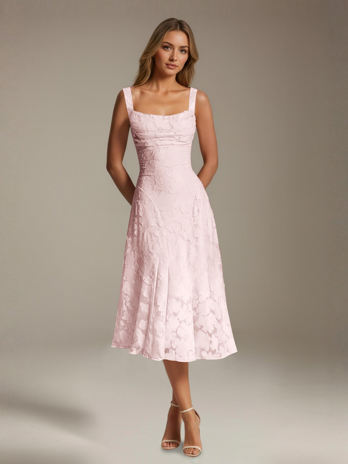 Women's sleeveless floral lace midi dress with square neckline and A-line skirt