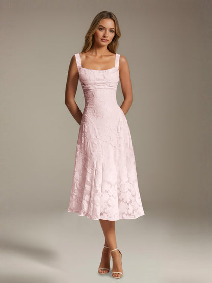 Women's sleeveless floral lace midi dress with square neckline and A-line skirt