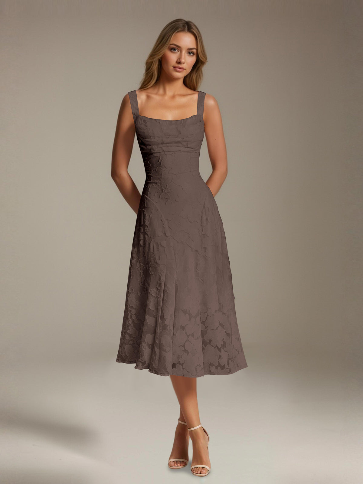 Women's sleeveless floral lace midi dress with square neckline and A-line skirt