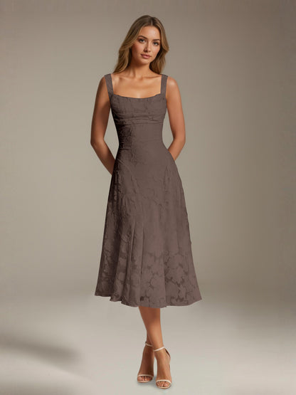 Women's sleeveless floral lace midi dress with square neckline and A-line skirt
