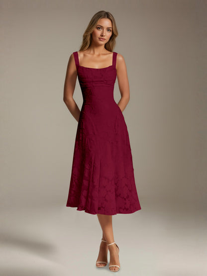 Women's sleeveless floral lace midi dress with square neckline and A-line skirt