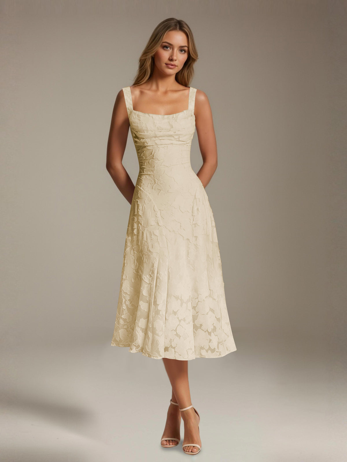 Women's sleeveless floral lace midi dress with square neckline and A-line skirt