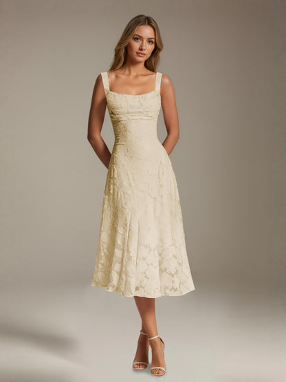 Women's sleeveless floral lace midi dress with square neckline and A-line skirt