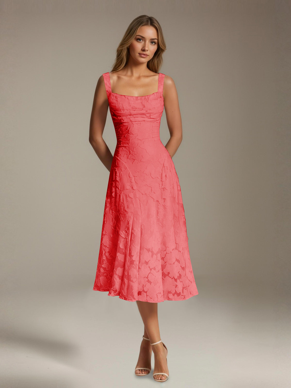 Women's sleeveless floral lace midi dress with square neckline and A-line skirt