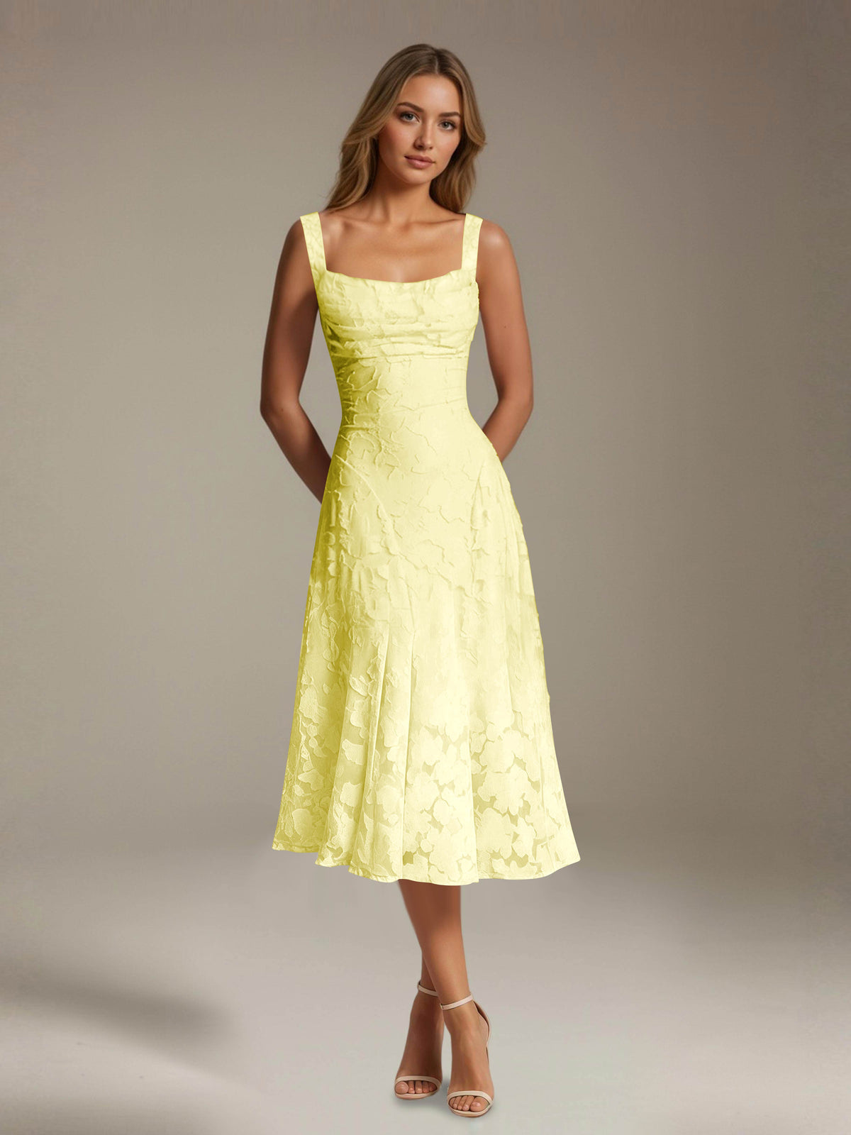 Women's sleeveless floral lace midi dress with square neckline and A-line skirt