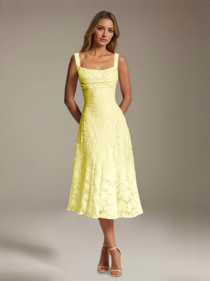 Women's sleeveless floral lace midi dress with square neckline and A-line skirt