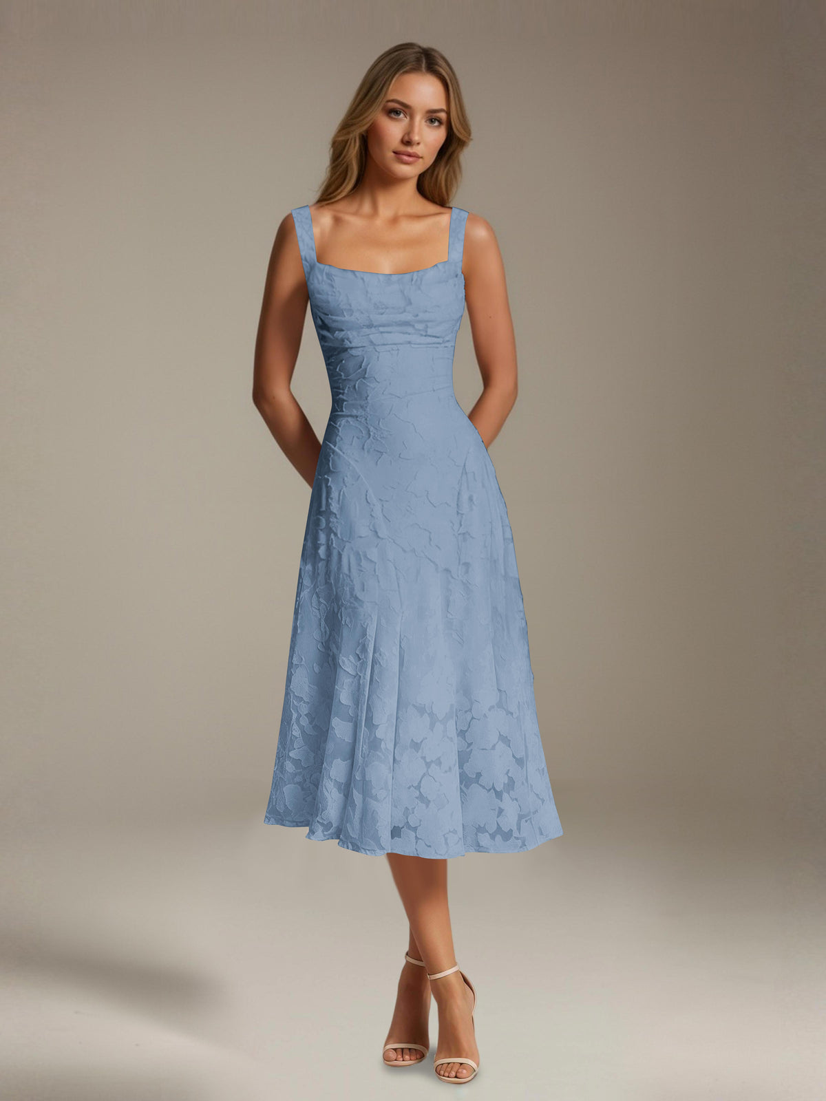 Women's sleeveless floral lace midi dress with square neckline and A-line skirt
