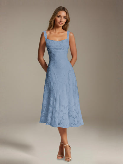 Women's sleeveless floral lace midi dress with square neckline and A-line skirt