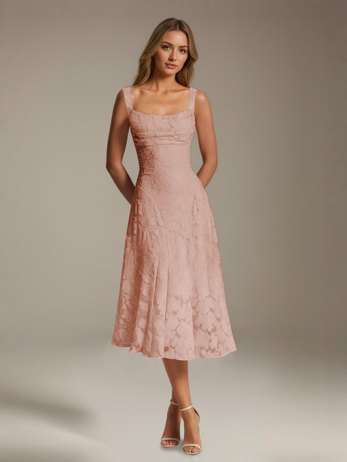Women's sleeveless floral lace midi dress with square neckline and A-line skirt