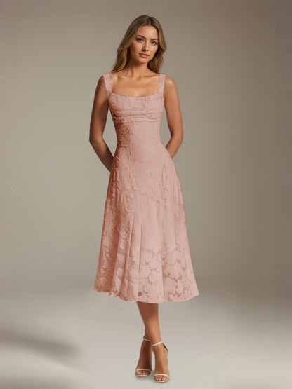 Women's sleeveless floral lace midi dress with square neckline and A-line skirt