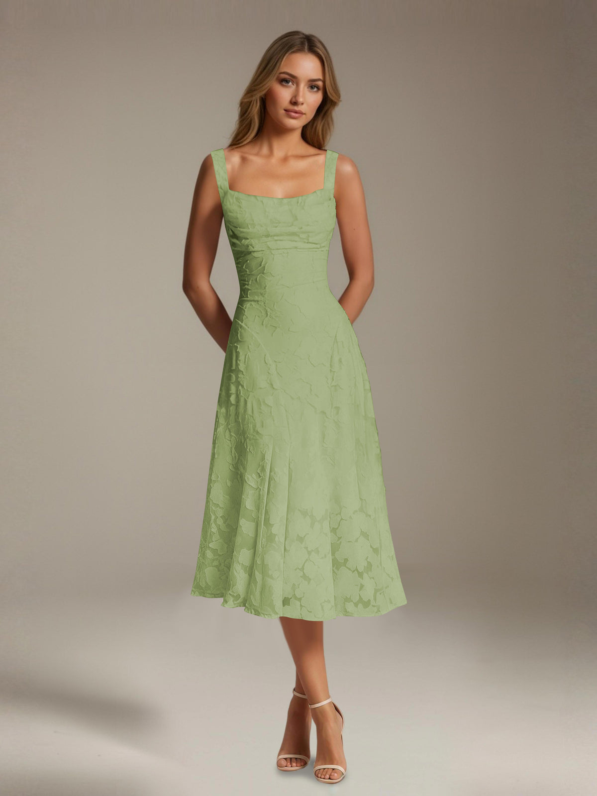 Women's sleeveless floral lace midi dress with square neckline and A-line skirt