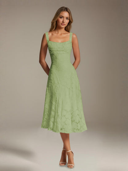 Women's sleeveless floral lace midi dress with square neckline and A-line skirt