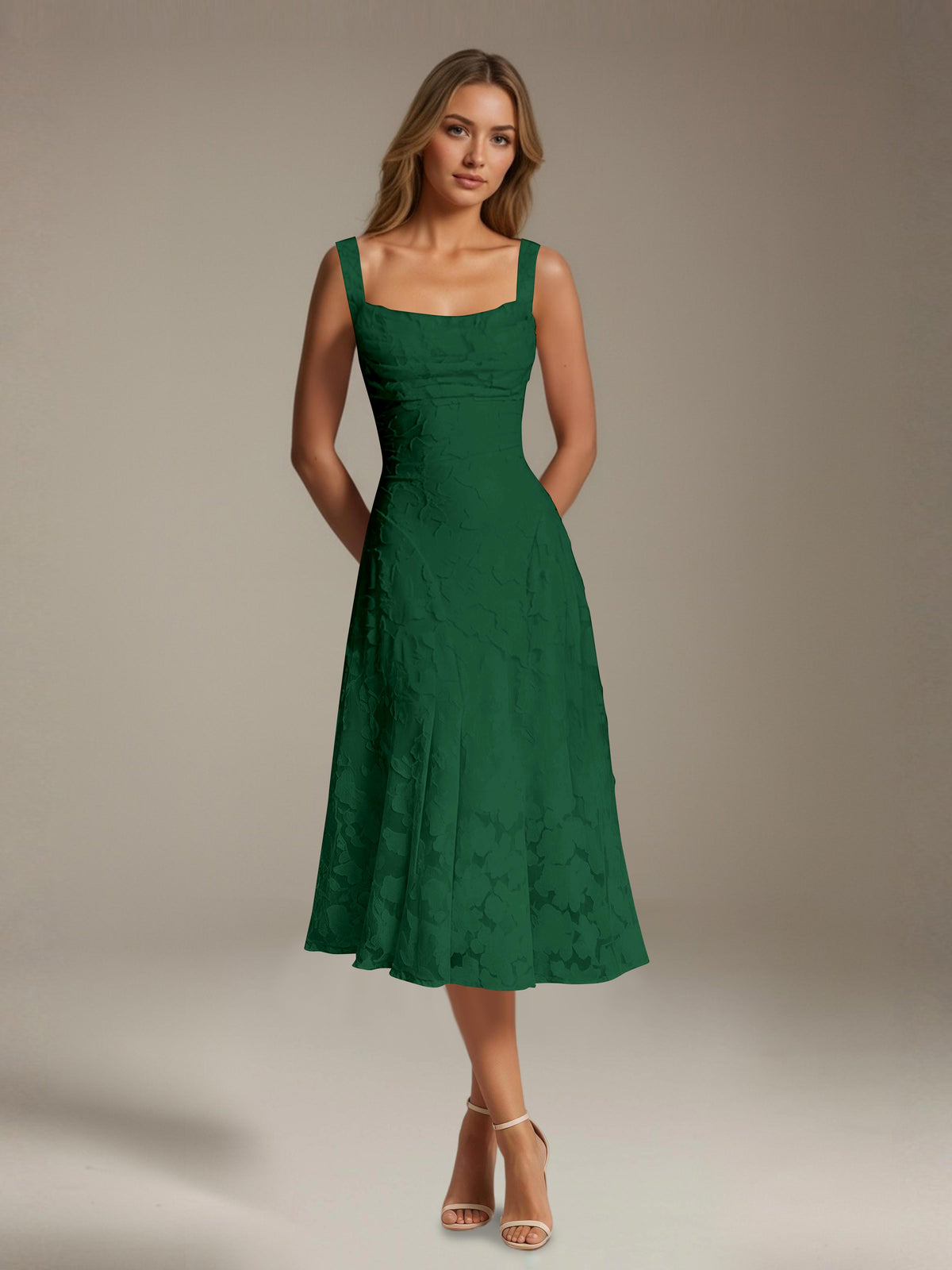 Women's sleeveless floral lace midi dress with square neckline and A-line skirt