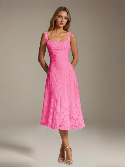 Women's sleeveless floral lace midi dress with square neckline and A-line skirt