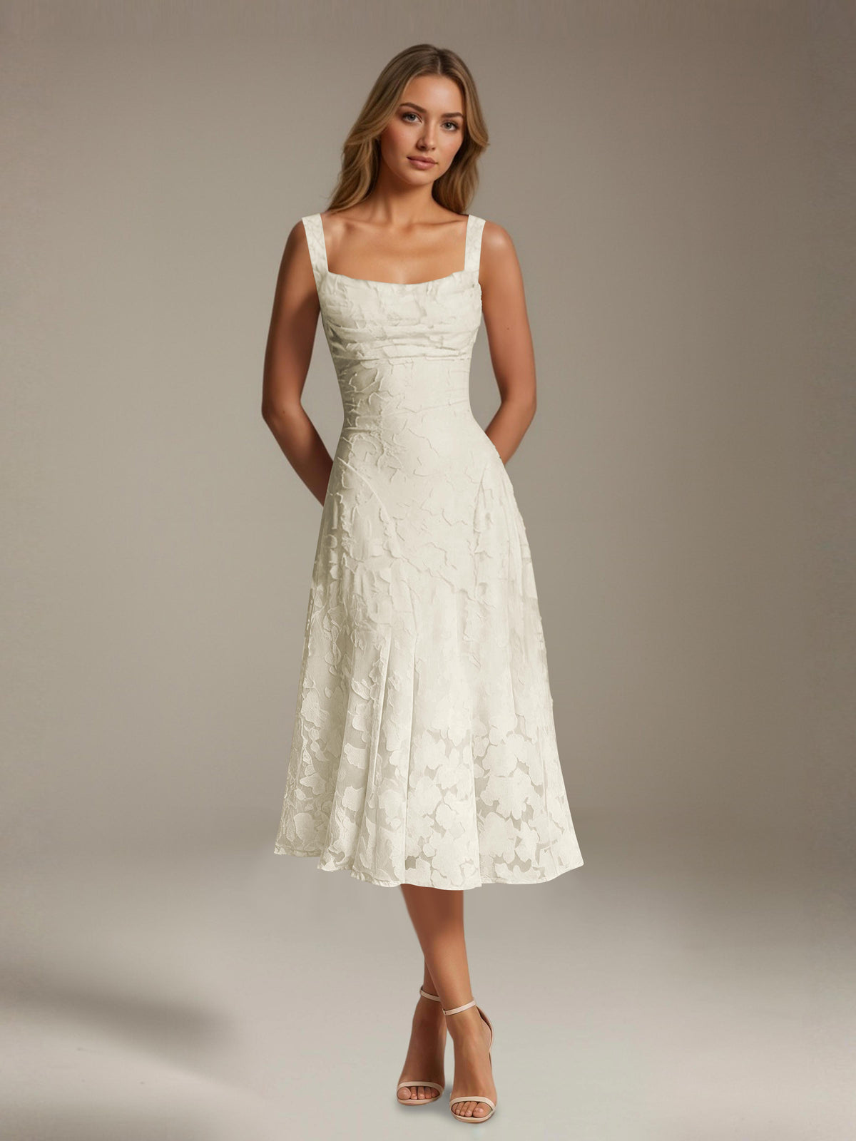 Women's sleeveless floral lace midi dress with square neckline and A-line skirt