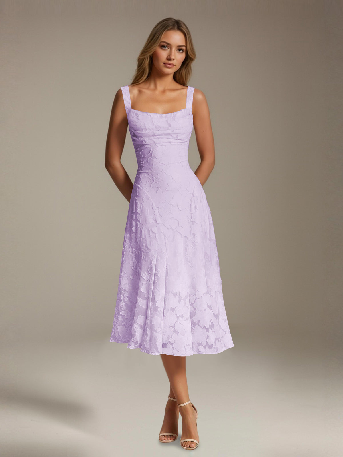 Women's sleeveless floral lace midi dress with square neckline and A-line skirt