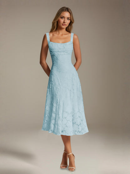 Women's sleeveless floral lace midi dress with square neckline and A-line skirt