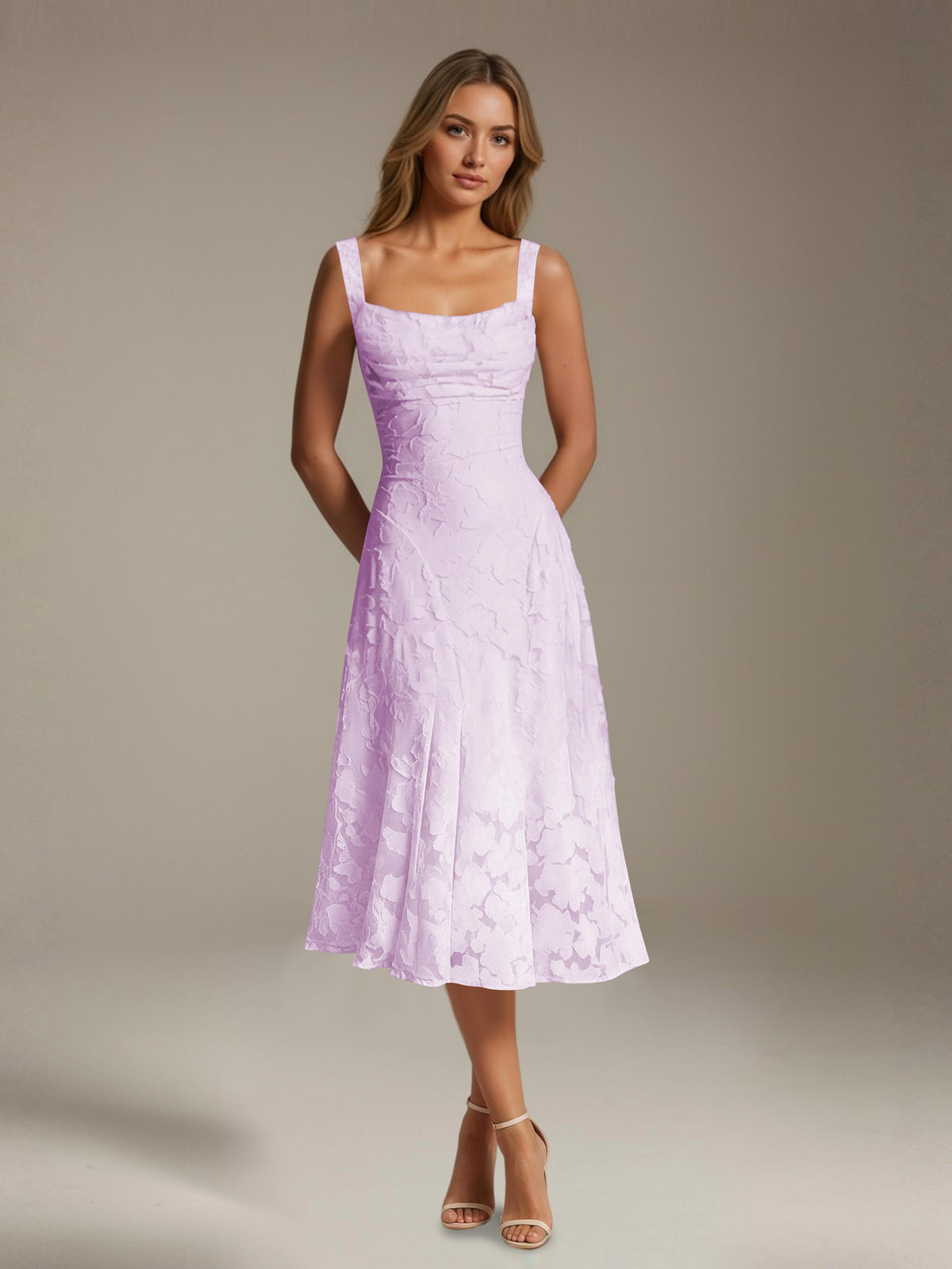 Women's sleeveless floral lace midi dress with square neckline and A-line skirt