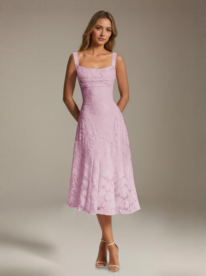 Women's sleeveless floral lace midi dress with square neckline and A-line skirt