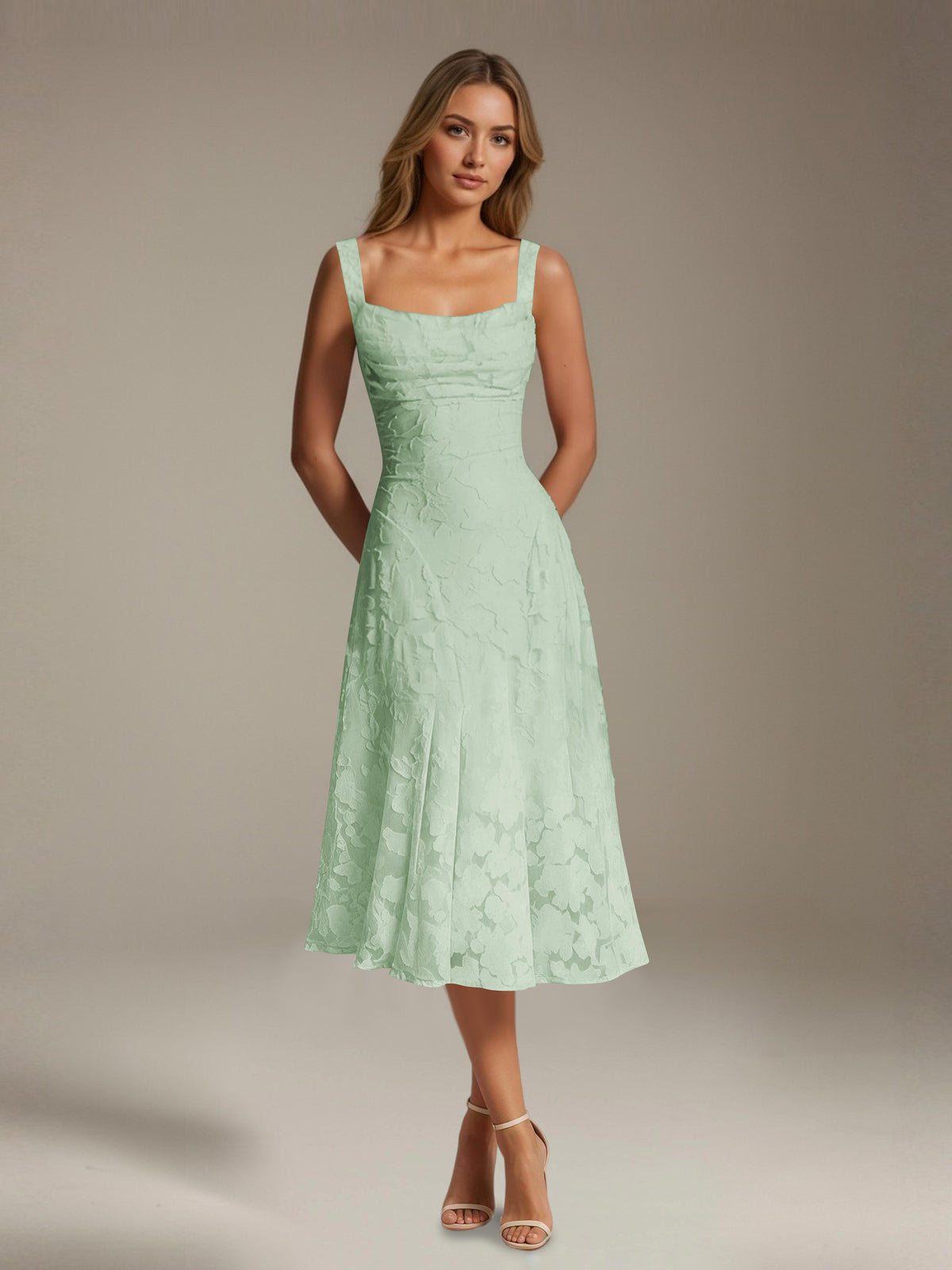 Women's sleeveless floral lace midi dress with square neckline and A-line skirt