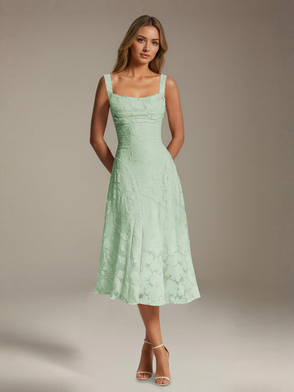 Women's sleeveless floral lace midi dress with square neckline and A-line skirt