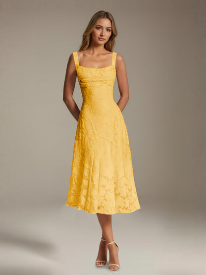 Women's sleeveless floral lace midi dress with square neckline and A-line skirt