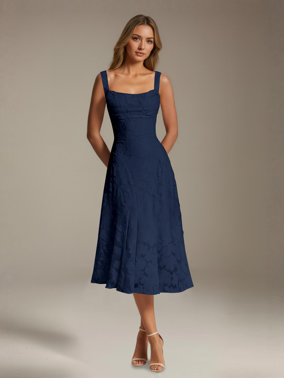 Women's sleeveless floral lace midi dress with square neckline and A-line skirt