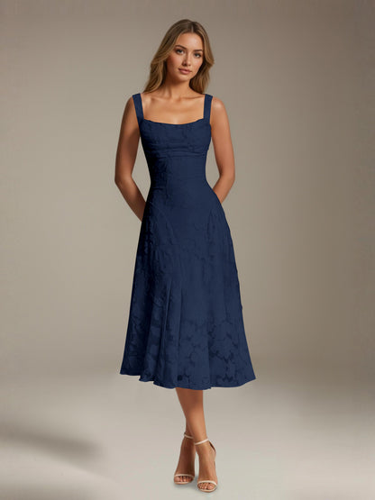 Women's sleeveless floral lace midi dress with square neckline and A-line skirt