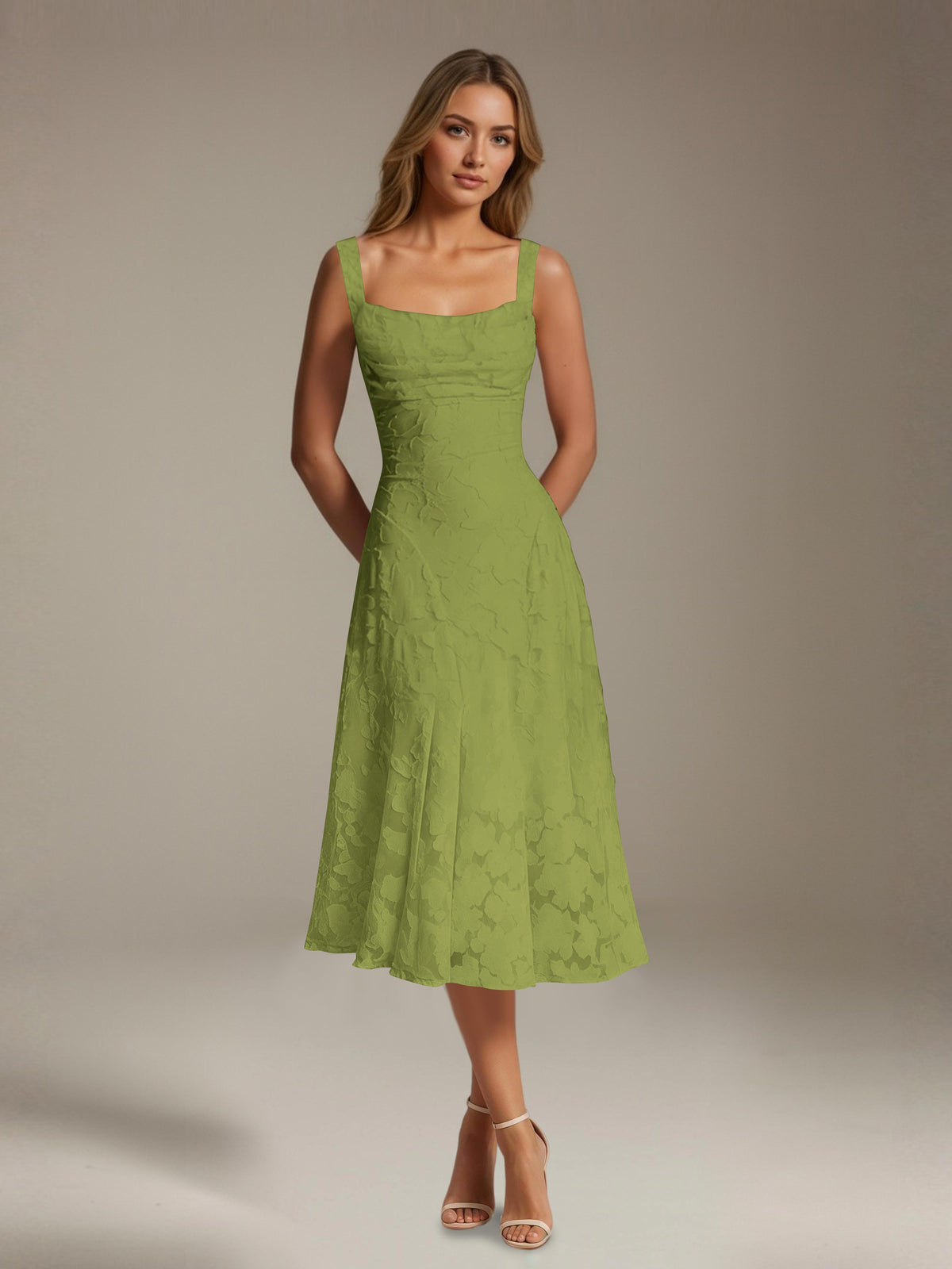 Women's sleeveless floral lace midi dress with square neckline and A-line skirt