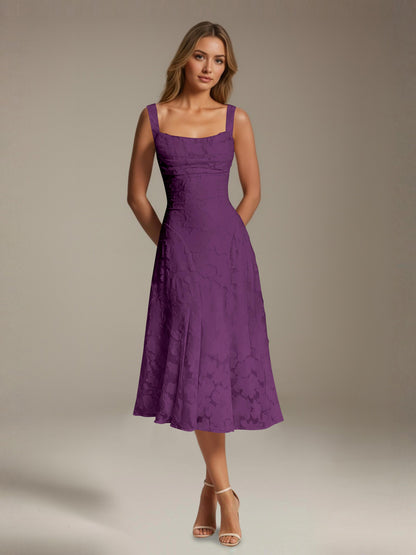 Women's sleeveless floral lace midi dress with square neckline and A-line skirt