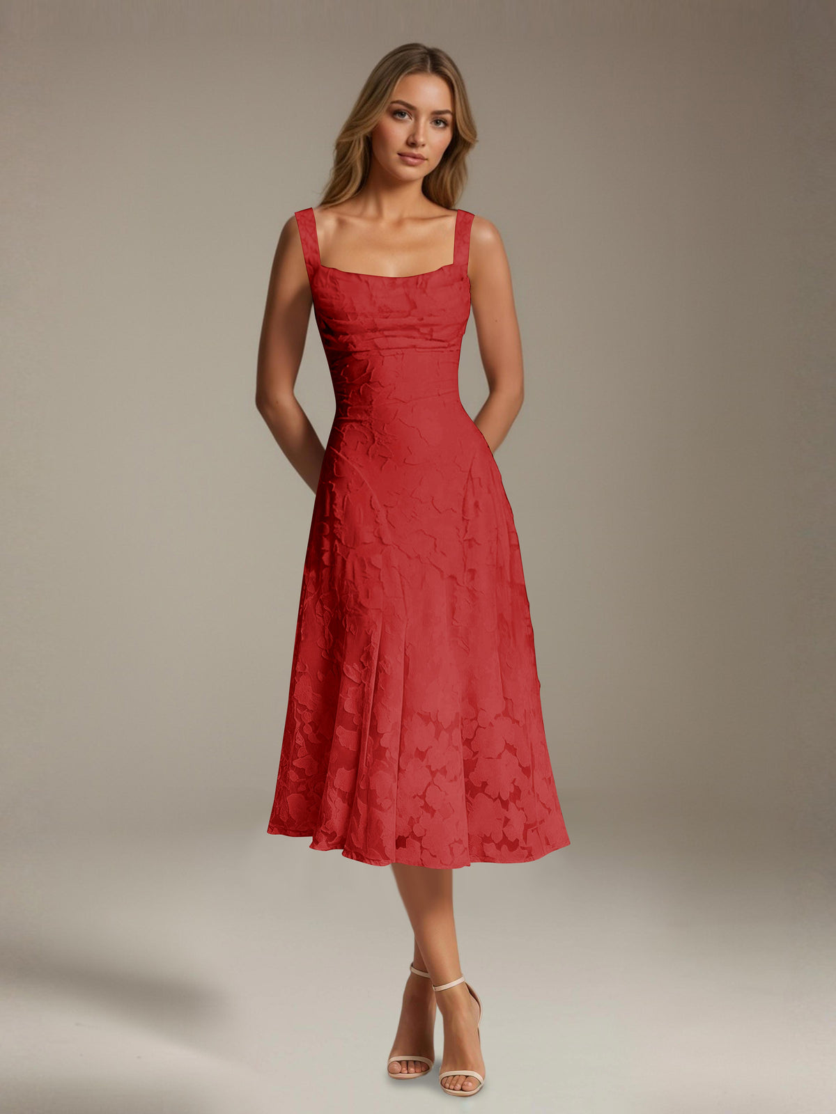 Women's sleeveless floral lace midi dress with square neckline and A-line skirt