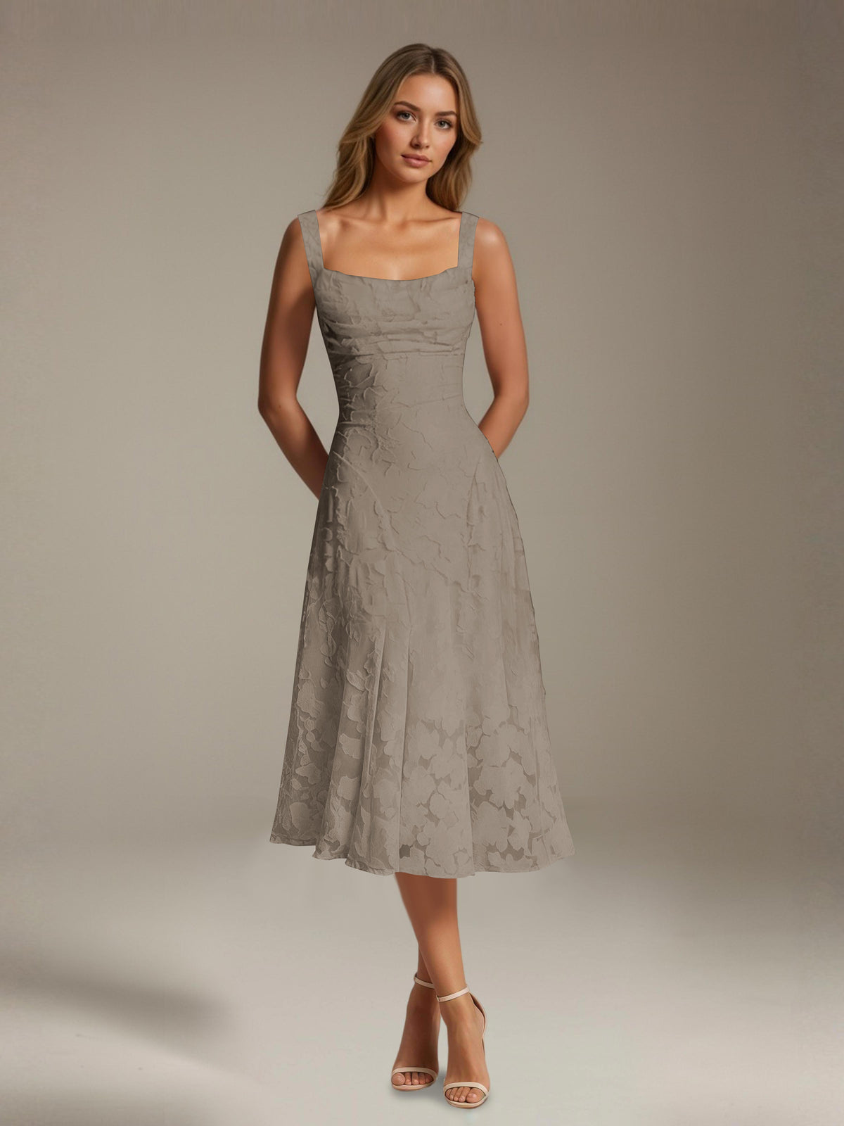 Women's sleeveless floral lace midi dress with square neckline and A-line skirt