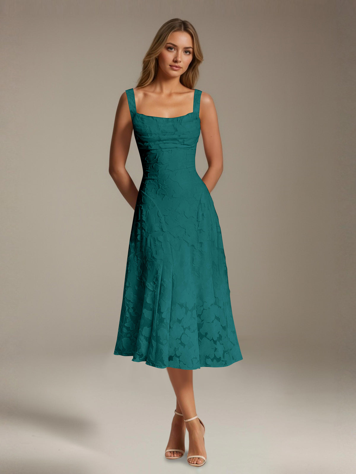 Women's sleeveless floral lace midi dress with square neckline and A-line skirt
