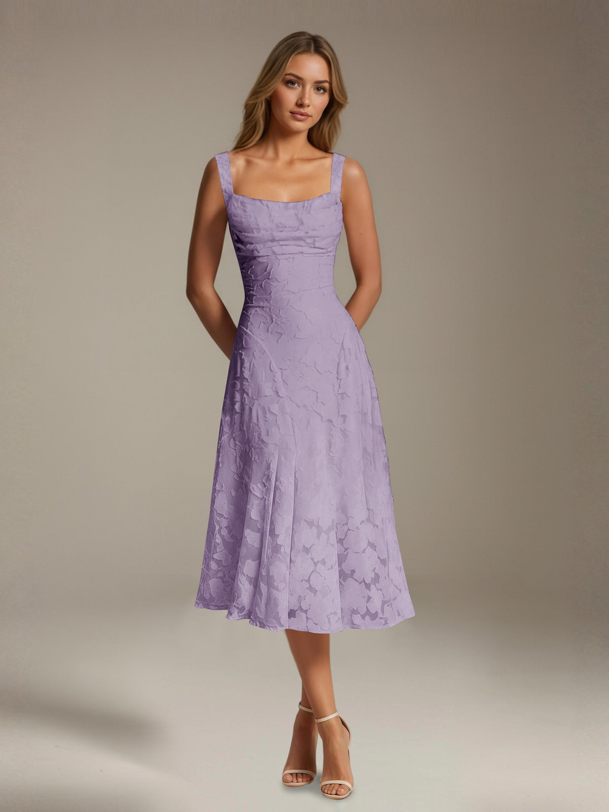 Women's sleeveless floral lace midi dress with square neckline and A-line skirt