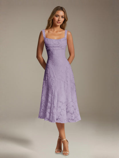 Women's sleeveless floral lace midi dress with square neckline and A-line skirt