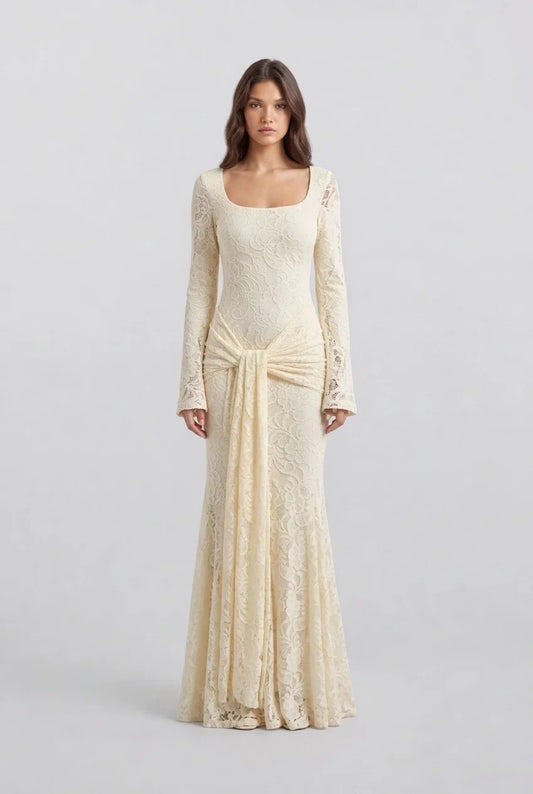 Cream floral lace maxi dress with square neckline, long sleeves and draped waist sash