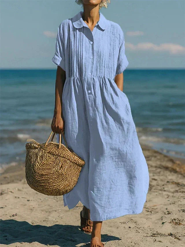 Women's collared button-front midi dress with short sleeves and side pockets