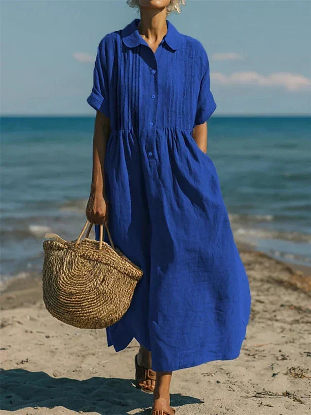 Women's collared button-front midi dress with short sleeves and side pockets