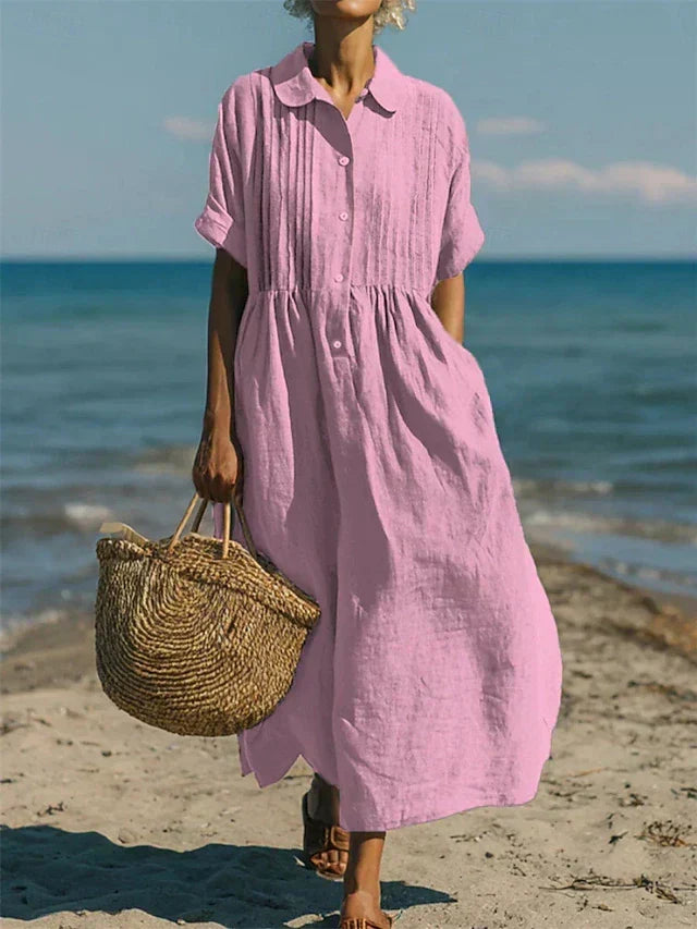 Women's collared button-front midi dress with short sleeves and side pockets
