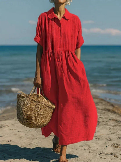 Women's collared button-front midi dress with short sleeves and side pockets
