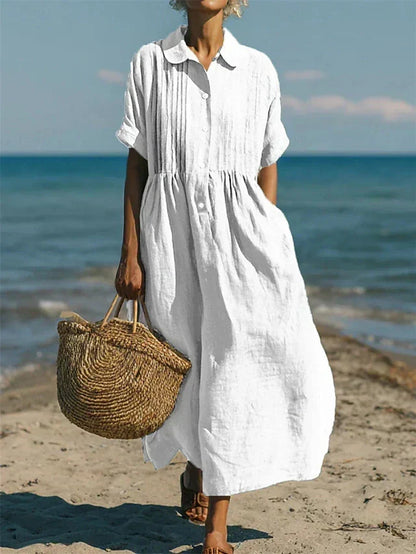 Women's collared button-front midi dress with short sleeves and side pockets