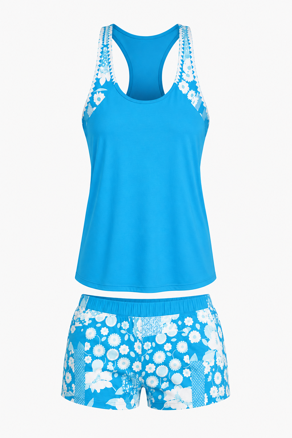 Women's floral tank top and shorts swimwear set with rounded neckline
