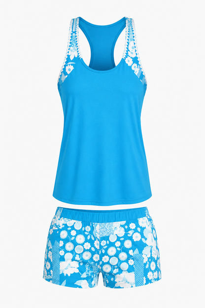Women's floral tank top and shorts swimwear set with rounded neckline