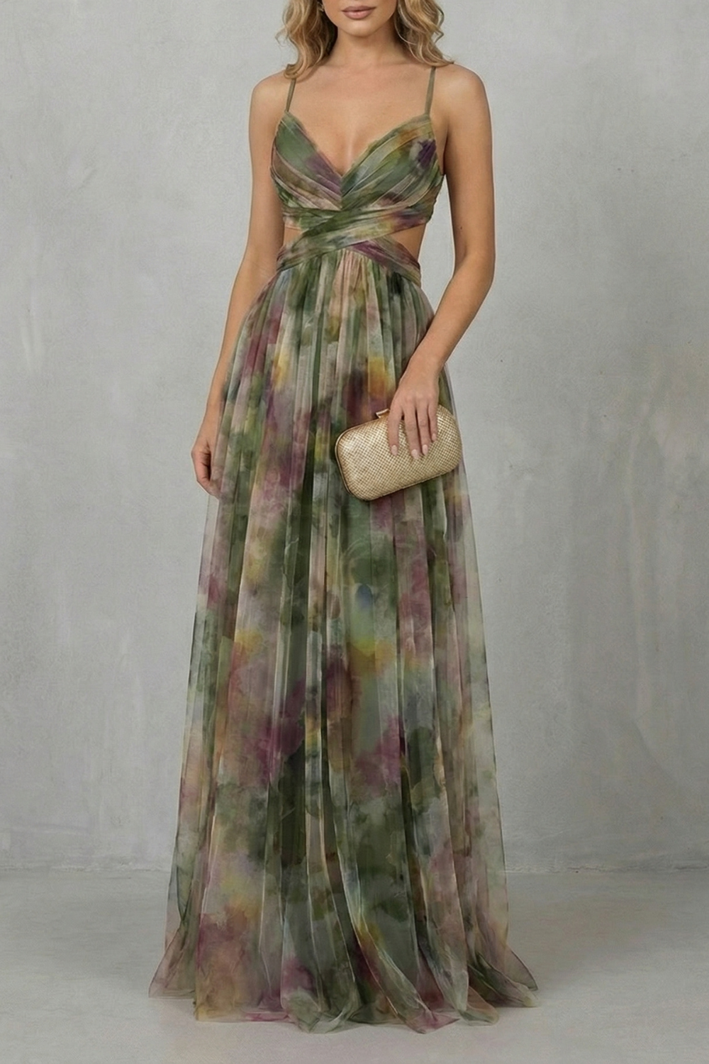 Women's abstract watercolour wrap maxi dress with spaghetti straps and crossed waist detail