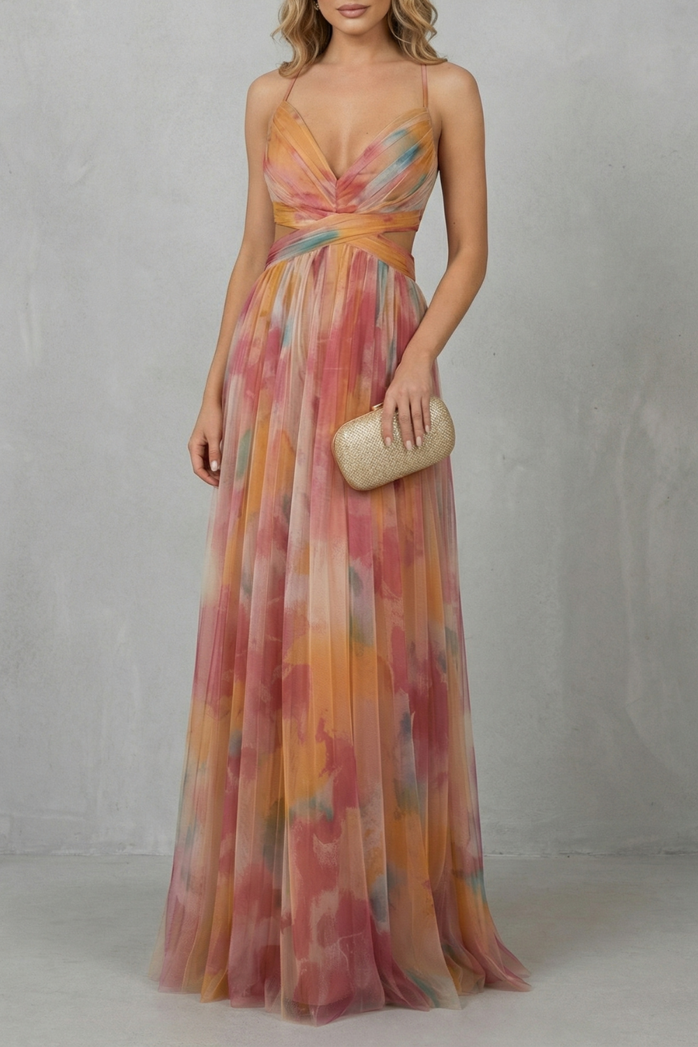 Women's abstract watercolour wrap maxi dress with spaghetti straps and crossed waist detail