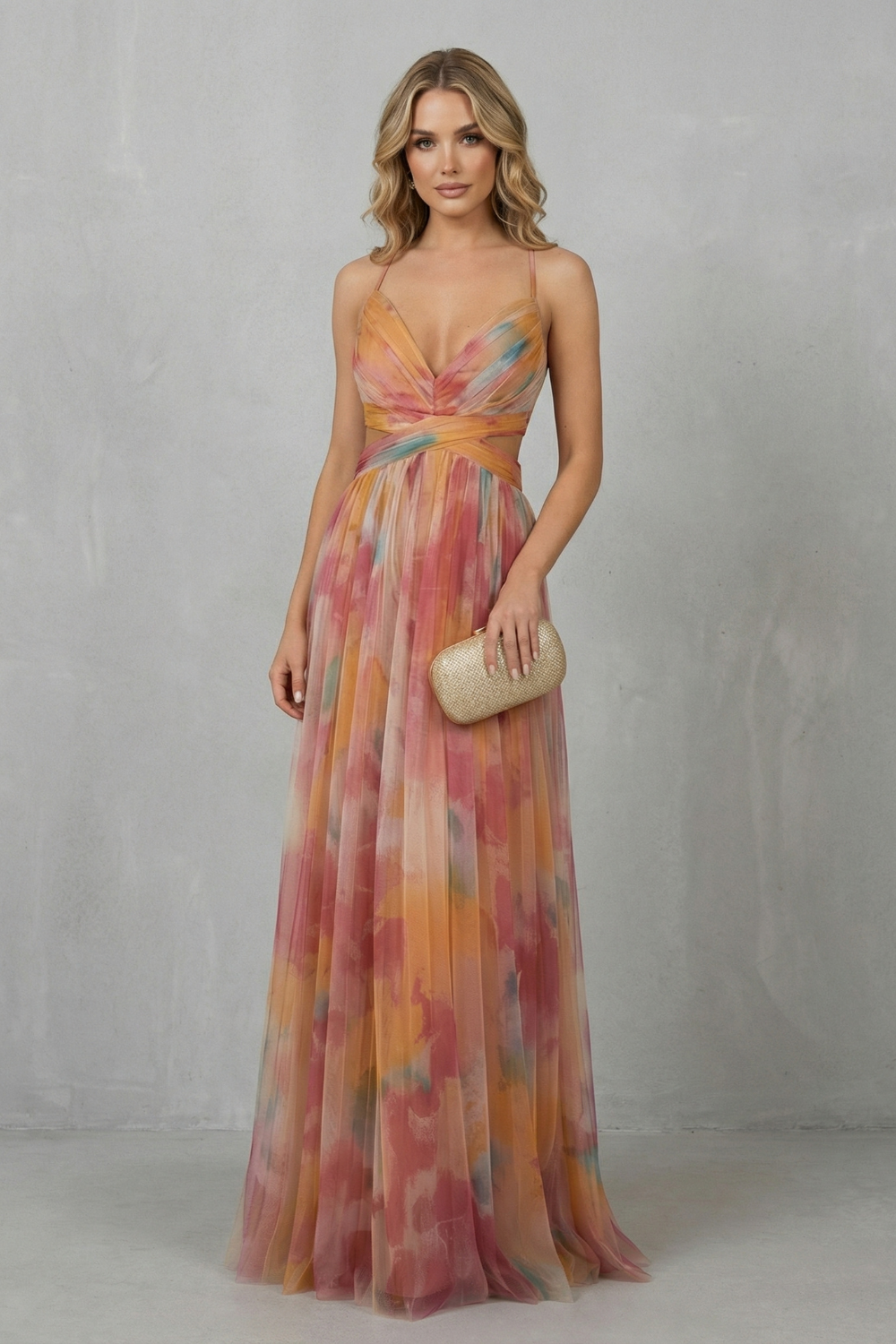 Women's abstract watercolour wrap maxi dress with spaghetti straps and crossed waist detail
