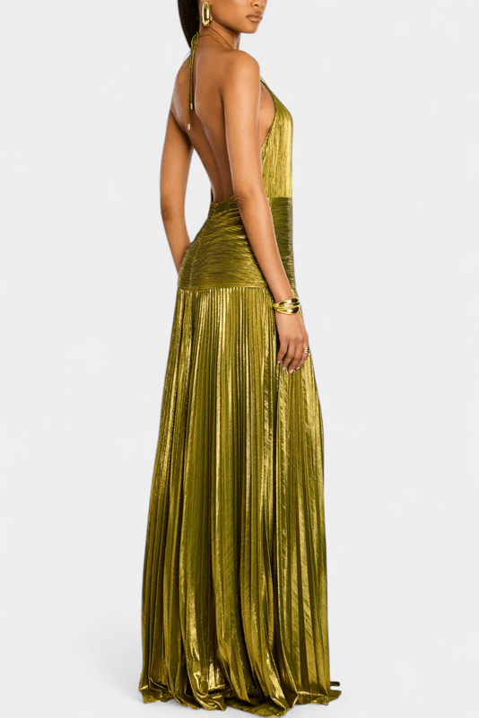 Women's green metallic halter maxi dress with pleated skirt and high side slit