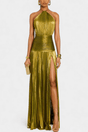 Women's green metallic halter maxi dress with pleated skirt and high side slit