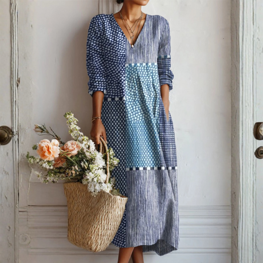 Women's patchwork midi dress with V-neckline and three-quarter sleeves