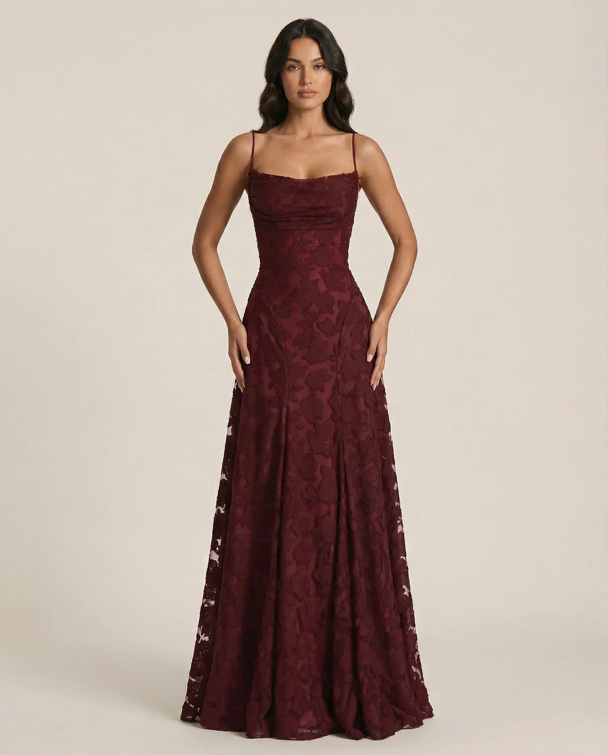 Women's floral maxi dress with square neckline, spaghetti straps and full floor-length skirt